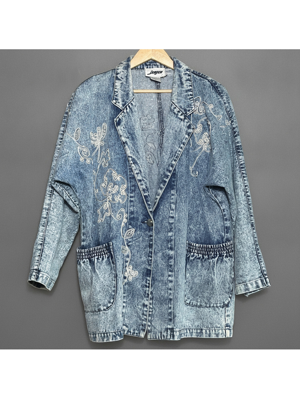 Vintage Jensen Womens Denim Pearl Embroidered Jacket Size M Acid Wash Streetwear